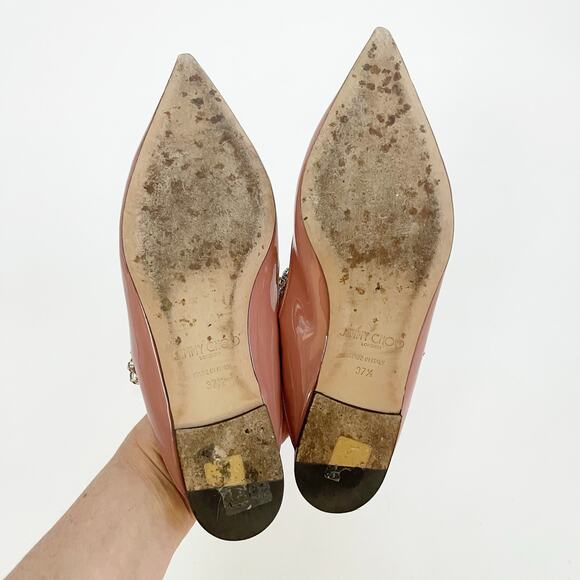 Jimmy Choo Ballet Pink Patent Leather Crystal Bing Pointed Toe Flat Mules 37.5 - Picture 10 of 11